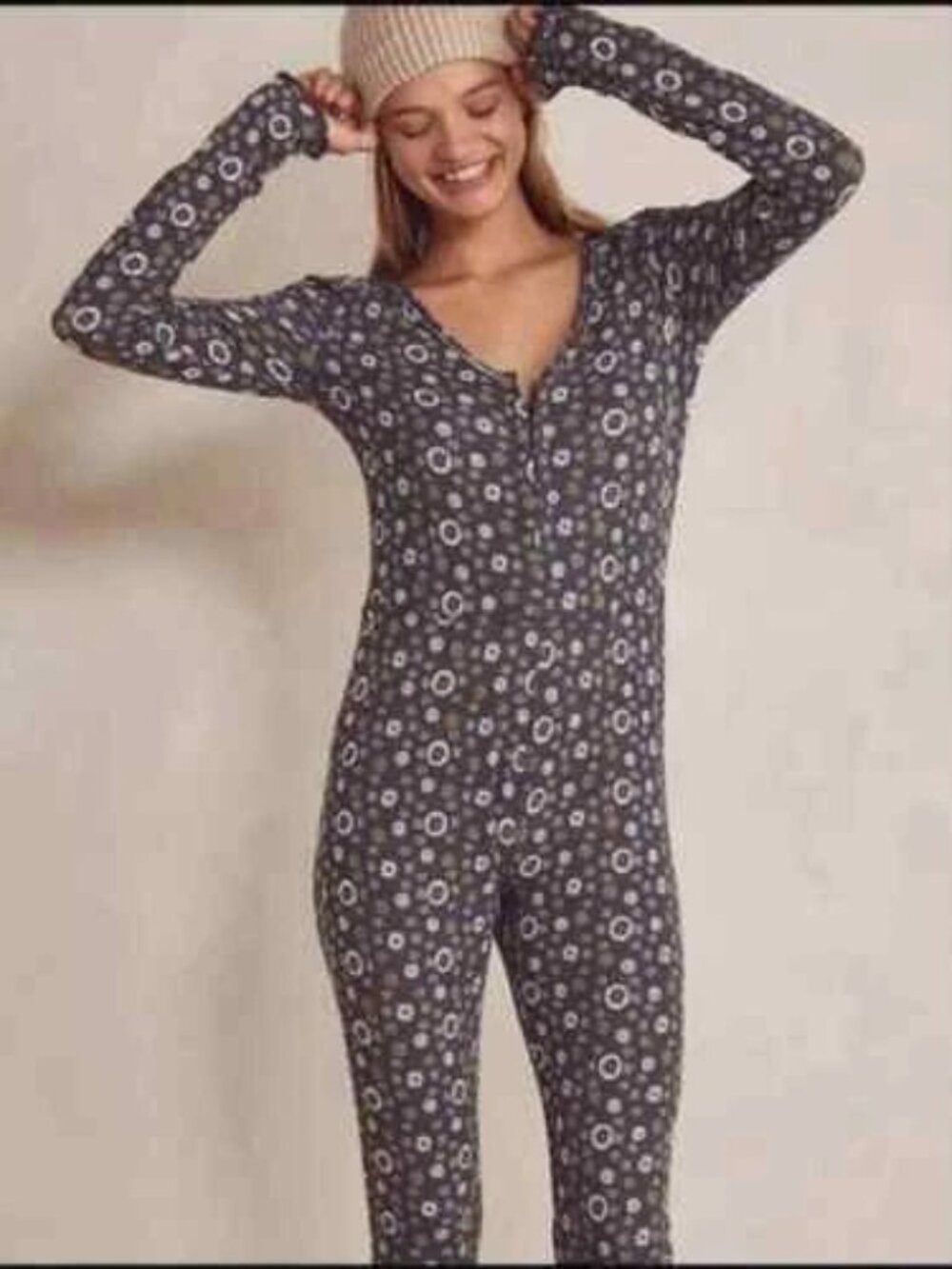 Free People Intimately Home Alone Long Johns Bodysuit Knit Gray Combo S/P